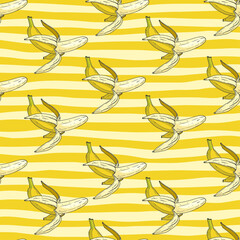 Hand drawn sketch style peeled banana seamless pattern on the background of yellow stripes. Vector backdrop for textile, print, wrapper.