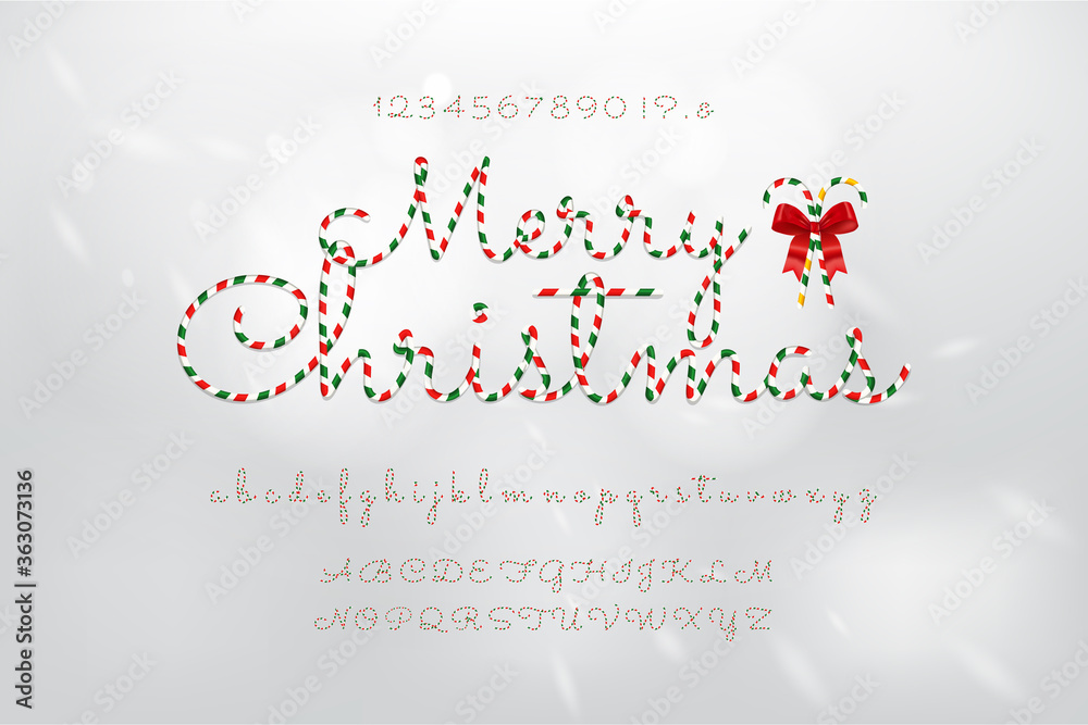 Fototapete christmas theme canday cane pattern alphabet font set with numbers uppercase and lowercase on white 