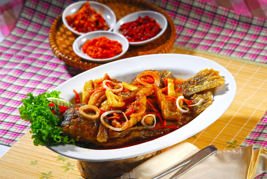 Stir Fried Spicy fish with vegetables, indonesian dish