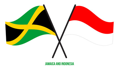 Jamaica and Indonesia Flags Crossed And Waving Flat Style. Official Proportion. Correct Colors.