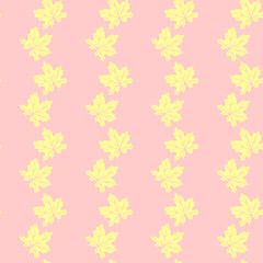 Seamless pattern of yellow silhouette maple leaves isolated on light pink background. Simple pastel vector texture for fabric, invitations, home textiles. Concept of autumn, forest, leaf fall