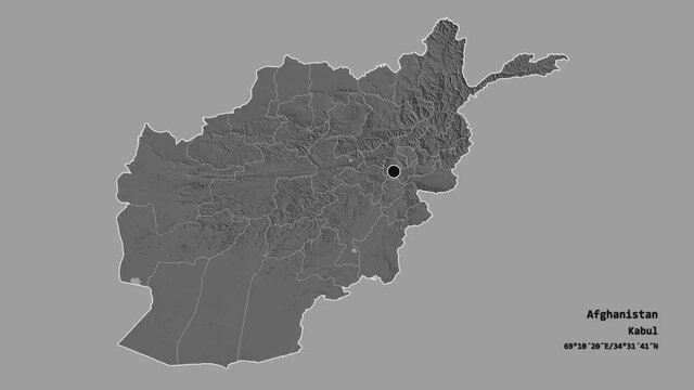 Parwan, province of Afghanistan, with its capital, localized, outlined and zoomed with informative overlays on a bilevel map in the Stereographic projection. Animation 3D