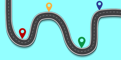 Road map with milestones. The road with pins. The winding path. Marching chart. Travel infographic template. Vector image. Stock Photo.