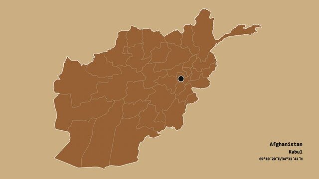 Parwan, province of Afghanistan, with its capital, localized, outlined and zoomed with informative overlays on a solid patterned map in the Stereographic projection. Animation 3D