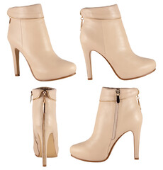 Women's beige high-heeled shoes on a white background