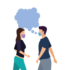 young couple wearing medical masks and speech bubbles