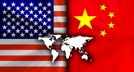 アメリカvs中国の対立する国旗経済背景イメージ