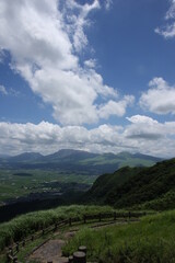 Fototapeta na wymiar Landscape of Mountain Aso with blue sky