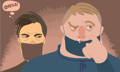 How to wear face mask during grocery shopping: right way versus wrong way. Vector illustration in cartoon style and neutral colours about two young men wearing face masks.