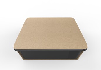 Food tray with blank paper label, 3d render illustration.