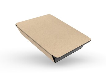 Food tray with blank paper label, 3d render illustration.