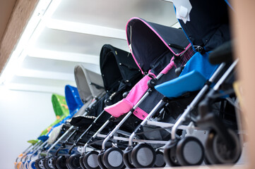 Row of baby stroller in shopping mall