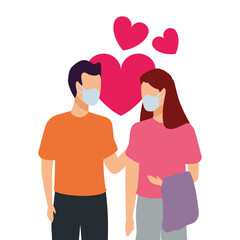 young couple wearing medical masks and hearts characters