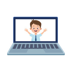 little student boy with uniform in laptop character