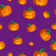 Seamless pattern with illuminated carved pumpkins for Halloween. Vector illustration in purple background
