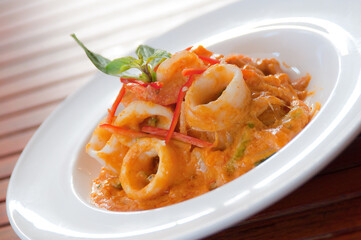 stir fried curry powder squid with salted egg yolk