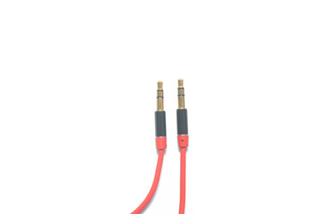 Close up twins 3.5 mm aux audio cable over white background.