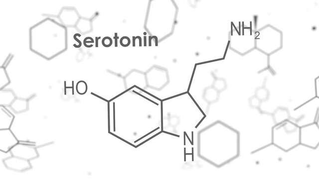 Chemical molecular formula hormone serotonin. Infographics animation.
