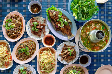 Thai spice and lime food , grilled stuff party gathering - som tum style e san food