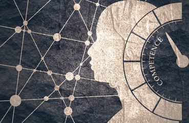 Competence meter read high level result. Scale with arrow. Infographic gauge element. Head of man silhouette. Connected lines with dots