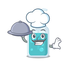 mascot design of hand sanitizer chef serving food on tray