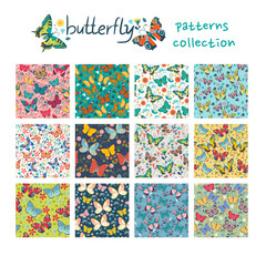 A large collection of seamless patterns with butterflies. Vector graphics.