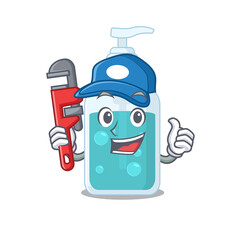 cartoon character design of hand sanitizer as a Plumber with tool