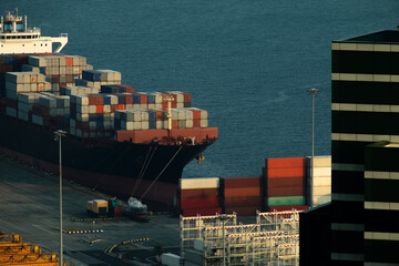 nautical logistic container on commercial shipping terminal