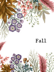 Watercolor Fall Autumn invitation set botanical flowers, leaves, foliage, garland , feather boho template isolated art on white