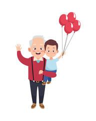 happy old grandfather with little grandson and balloons helium