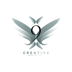 Number 9 Luxury Black Thin Wing Logo Template