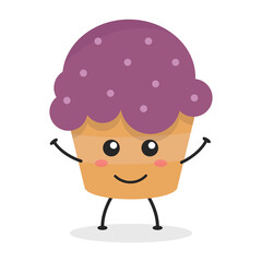 Cute flat cartoon cupcake illustration. Vector illustration of a cute cupcake with a smiling expression. Cute cake mascot design