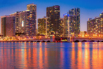 Miami City Skyline viewed from Biscayne Bay. Miami city night.