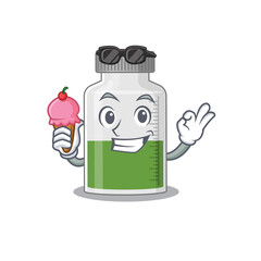 A cartoon drawing of vitamin syrup holding cone ice cream