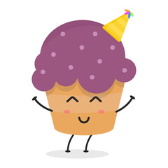 Cute flat cartoon cupcake illustration. Vector illustration of a cute cupcake with a smiling expression. Cute cake mascot design