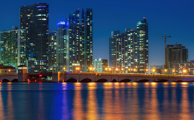 Miami night downtown. Miami City Skyline viewed from Biscayne Bay.
