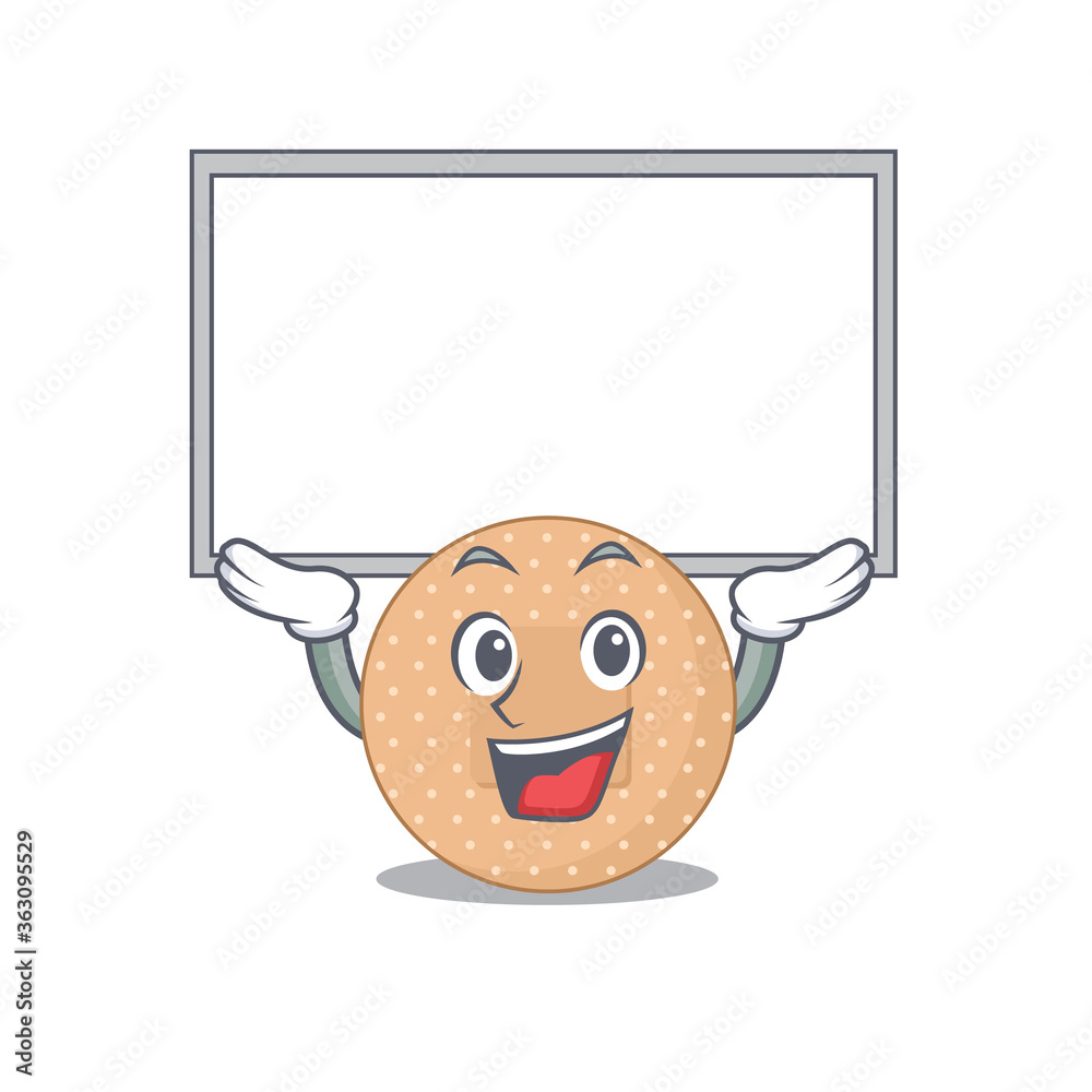 Poster Mascot character of rounded bandage rise up a white board