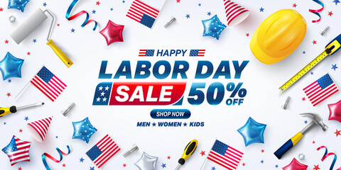 USA Labor Day Sale poster template.USA labor day celebration with american party elements and work tools.Sale promotion advertising banner template for USA Labor Day Brochures,Poster or Banner