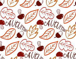 Autumn pattern with leaves,mushrooms and lettering.Seamless pattern autumn.Doodle style.