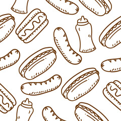 Hot dog seamless pattern draw in doodle style with brown color suitable for background and wallpaper