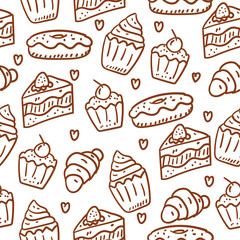 Cakes seamless pattern draw with doodle pattern with brown style suitable for background and wallpaper