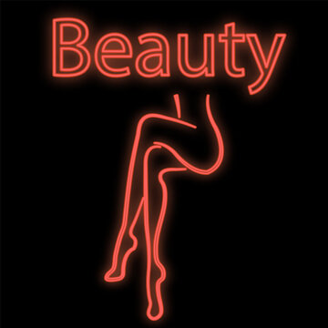 Bright luminous red neon sign for a bar of a beauty salon. Beautiful brilliant beauty spa with a sitting woman with a slim figure and legs on a black background. Vector illustration