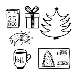 Christmas illustrations in black and white, set of simple hand drawn vector drawings in doodle style
