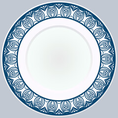 Decorative plate with round ornament in ethnic style. Fashion background with ornate dish. Vector illustration.