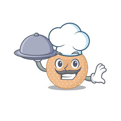 mascot character style of rounded bandage chef serving dinner on tray