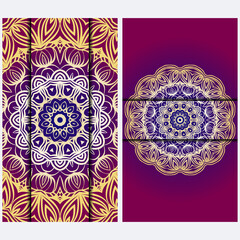 Luxury red, sunrise, gold color The Front And Rear Side. Mandala Design Elements. Wedding Invitation, Thank You Card, Save Card, Baby Shower. Illustration. Vector