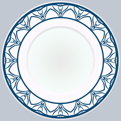 Decorative plate with round ornament in ethnic style. Fashion background with ornate dish. Vector illustration.