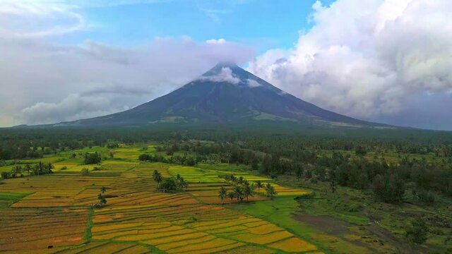 Landscape Of Mayon Volcano, Mount Mayon Renowned As The Perfect Cone And An Active Stratovolcano In Albay, Bicol. - aerial drone