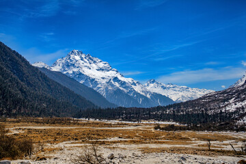 Beautiful scenic image of the Himalayan range as seen from Yumthang valley in Sikkim, India