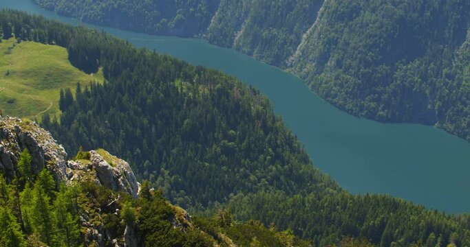 Pan revealing the Koenigssee lake from the Jenner peak (1874m) at the Berchtesgaden National Park, Germany.